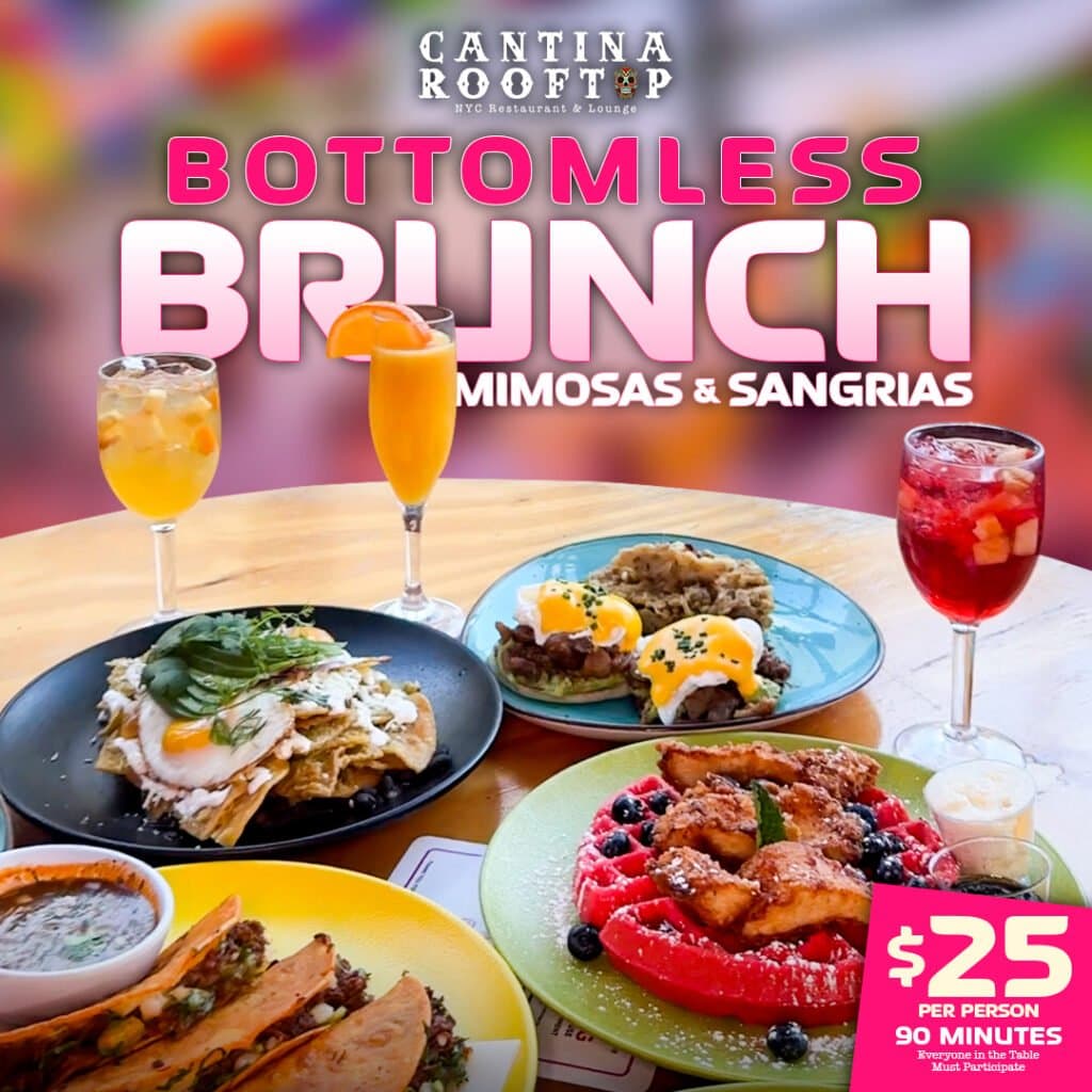 Brunch plates, mimosas and sangria under the words Bottomless Brunch, mimosas & sangrias, $25 per person